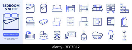 Bedroom, nursery furniture line icons set. Bunk bed, crib, wardrobe, dresser, mirror, pillow, mattress flat minimal vector illustrations. Simple Stock Vector