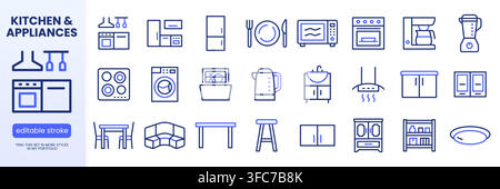 Kitchen furniture, appliances line icons set. Stove, refrigerator, microwave, coffee maker, dining table flat minimal vector illustrations. Simple Stock Vector