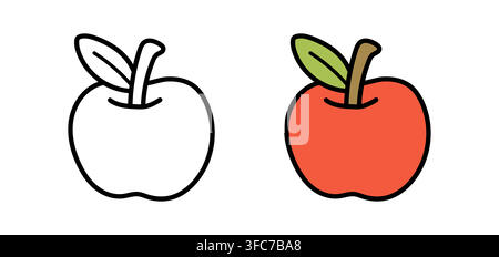 Apple line and color icon. Red fruit with green leaf vector illustration. Cute outline and colored apple symbol isolated on white background for Stock Vector