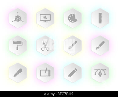 A collection of twelve soft glowing hexagonal buttons Stock Vector