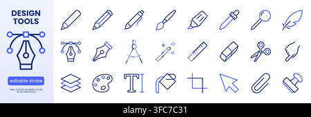 Graphic design, drawing tools line icons set. Pen, pencil, paintbrush, dropper, stamp, paint bucket minimal vector illustrations. Outline signs for Stock Vector