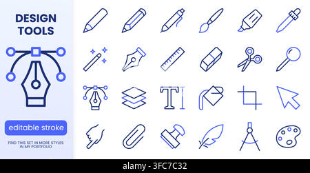 Graphic design, drawing tools line icons set. Pen, pencil, paintbrush, dropper, stamp, paint bucket minimal vector illustrations. Outline signs for Stock Vector