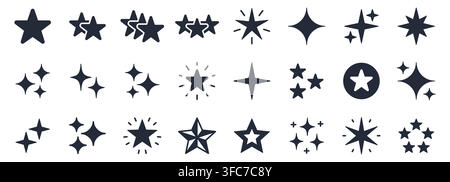 Star glyph icon set. Sparkle, twinkle, award, glitter, and burst minimal vector illustrations. Simple silhouette signs for glow and shine concepts Stock Vector