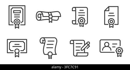 Certificate line icon set. Diploma, credential, qualification, accreditation, award and professional certification linear minimal vector illustration Stock Vector