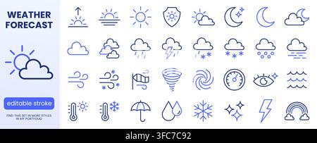 Weather forecast line icons set. Sun, rain, thunder storm, wind, snow cloud, moon, UV index minimal vector illustrations. Simple flat outline signs Stock Vector