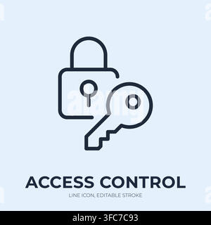 Access control line icon. Security authorization linear vector illustration. Thin sign of padlock beside key for authentication, permission, privacy Stock Vector