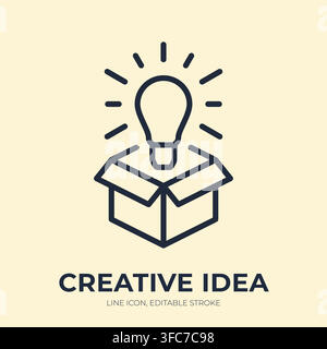 Creative idea line icon. Innovation concept linear vector illustration. Thin sign of glowing lightbulb emerging from open box for inspiration Stock Vector