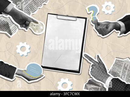 Collage-style illustration with a clipboard surrounded by hands and business-related elements, symbolizing collaboration and decision making Stock Photo