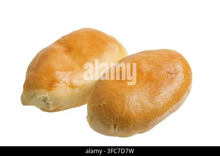 Two home-baked patties closeup. Isolated on white background. Clipping path is saved Stock Photo