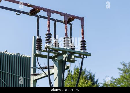 Electrical Transformer with Insulators and Wiring against a Clear Blue Sky with Partial View of Cooling Fins and Trees Stock Photo