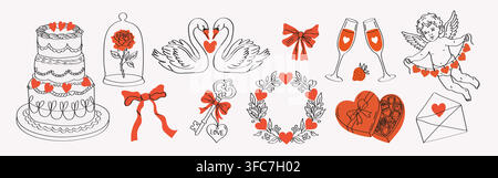 Valentines Day sketch set with hand drawn cherub cupids, hearts, flower, bow and arrow, star, cloud and lyre. Romantic doodle vector elements for card Stock Vector