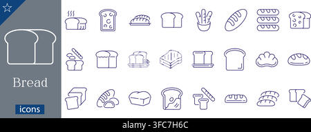 Bread line icons set showing sliced loaf, french baguette, toast bread, bakery products, wheat bread, and bun elements linear vector illustration Stock Vector