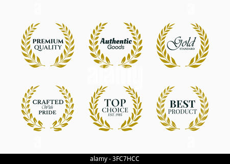 Elegant Laurel Wreath Premium Quality Badge Collection with Gold Standard, Authentic Goods and Award Emblems Stock Vector