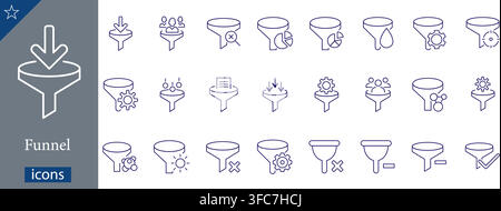 Funnel line icons set showing sales funnel, data filtering, conversion funnel, filter settings, user funnel, and sorting linear vector illustration Stock Vector