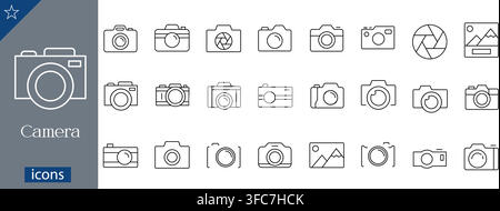 Camera line icons set showing photo camera, shutter aperture, picture frame, SLR camera, digital camera, and image gallery linear vector illustration Stock Vector
