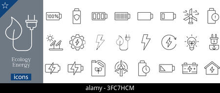 Ecology energy line icons set showing renewable power, solar panel, wind turbine, eco electric plug, and battery status linear vector illustration Stock Vector
