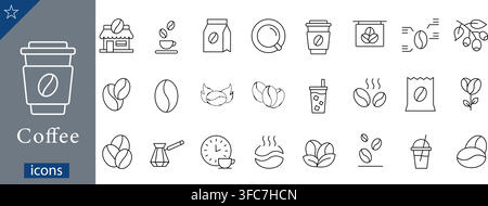 Coffee line icons set showing coffee beans, paper cup, coffee shop, cezve pot, iced coffee, roast beans, and packaging flat vector illustration Stock Vector