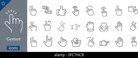 Gesture line icons set showing touch screen clicks, hand pointers, swipe gestures, double tap, and interactive finger movement linear vector art Stock Vector