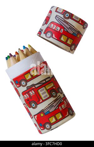 Colouring pencils coloured pencils in cardboard tube with fire engine design Cath Kids colouring pencils pot by Cath Kidston isolated on white Stock Photo