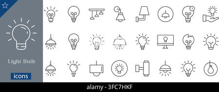 Light bulb line icons set showing incandescent lamp, chandelier, wall lamp, idea symbol, broken bulb, and lighting fixtures flat vector illustration Stock Vector
