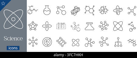 Science line icons set showing atom structures, chemical formulas, laboratory flasks, test tubes, and molecular bonds linear vector illustration Stock Vector