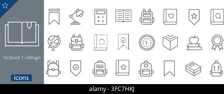 School and college line icons set showing textbooks, backpacks, desk lamp, calculator, globe, clock, and bookmark linear vector illustration Stock Vector