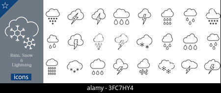 Rain, snow, and lightning line icons set showing cloud weather symbols, raindrops, snowflakes, and thunderstorm elements flat vector illustration Stock Vector