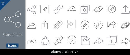 Share and link line icons set showing share symbols, hyperlink chain, forward arrows, upload icon, and unlink linear vector illustration Stock Vector