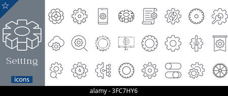 Setting line icons set showing cogs, mechanical gear wheels, options menu, repair wrench, screwdriver, and technical setup flat vector illustration Stock Vector
