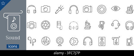 Sound and audio line icons set showing headphones, mp3 players, cameras, speakers, earphones, and tech symbols linear vector illustration Stock Vector