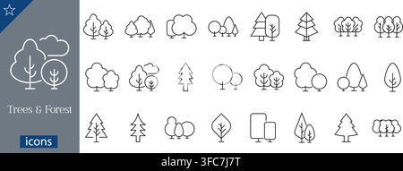 Trees and forest line icons set showing pine trees, deciduous trees, nature symbols, park elements, and woods linear icons flat vector illustration Stock Vector