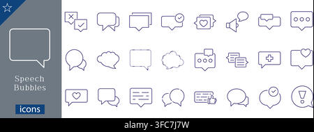 Speech bubbles line icons set showing chat boxes, comment symbols, message clouds, discussion elements, and dialogue icons flat vector illustration Stock Vector