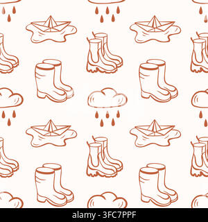 Seamless pattern with line art hand drawn rain autumn theme doodle including rubber boot, paper boat and cloud. Decorative background illustration for Stock Vector