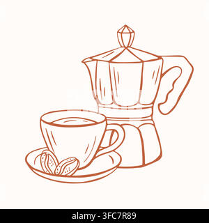 Coffee pot and cup with beans line art style. Moka express maker with espresso beverage and ingredient. Simple brown sketch illustration for cafe menu Stock Vector