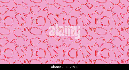 Seamless beer glass pattern in pink line art style, repeating beverage texture for pub menu, bar wallpaper, packaging, textile and background design Stock Vector