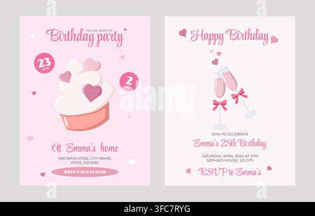 Set of two pink birthday invitation cards featuring cupcake and champagne glasses with heart decorations. Cheerful festive design perfect for party Stock Vector