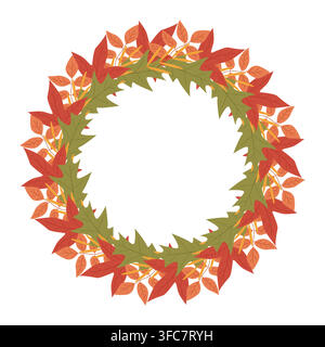 Autumn wreath made of colorful leaves in shades of red, orange, and green on a white background. Seasonal illustration perfect for fall decoration Stock Vector