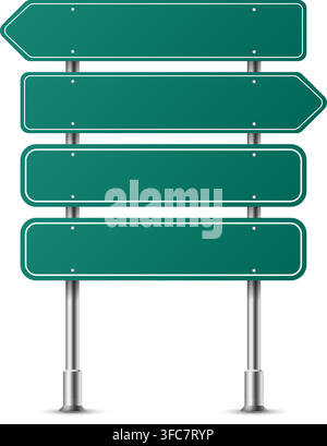 Realistic green arrows and rectangular traffic sign on metal steel pole isolated. Green road panel mockup - direction highway, board traffic, city boa Stock Vector