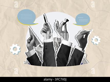 Collage-style artwork depicting multiple hands holding pens and symbolizing teamwork, creativity, and collaboration in a business context Stock Photo