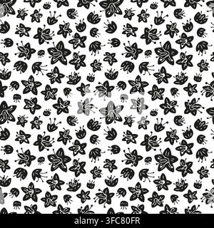 Seamless ditsy floral pattern with small monochrome black and white hand drawn wildflowers. Playful retro summer cottagecore botanical design Stock Vector