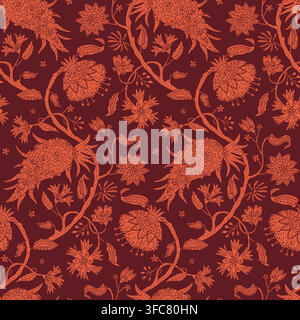 Vintage monochrome hand drawn Jacobean floral seamless pattern with folk botanical damask motifs. Boho Paisley orange blooms and trailing vines on Stock Vector