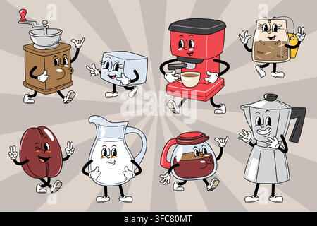 Coffee brewing equipment. Retro rubber hose style cartoon characters set, featuring a walking grinder, espresso machine, moka pot, carafe, milk pitche Stock Vector