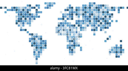 pixel icy winter world map rendered as pixel block mosaic with colored square blocks arranged in a grid for wall art poster print and home decor Stock Vector