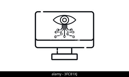 Desktop computer monitor with AI circuit eye scanner symbol on screen vector icon. Black line art style on white background Stock Vector