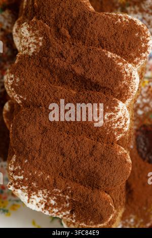 Macro texture of cocoa powder on tiramisu cake Stock Photo