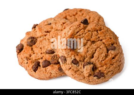 Three Fresh Chocolate Chip Cookies Stack Isolated on White Background Stock Photo