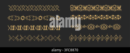 Tribal golden border set with African motifs crayon scribbles geometric patterns on dark background. Polynesian lines and ancient wave designs for ethnic decor projects. Vector illustration Stock Vector