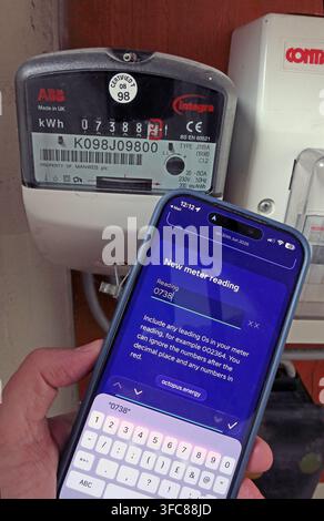 Smartphone showing an Octopus Energy meter-reading screen beside a domestic electricity meter after the October 2026 cap rise. Stock Photo