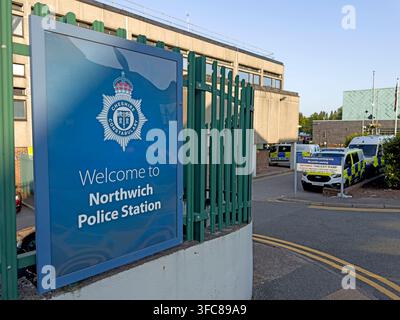 Entrance sign for Northwich Police Station, Cheshire Constabulary, on Chester Way in Northwich town centre. Stock Photo