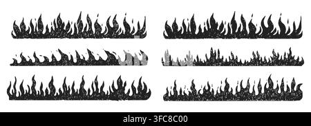 Horizontal dynamic flame border divider, hand drawn crayon scribble texture set. Hot burning campfire black silhouettes create striking. Collage sketch designs and retro illustrations. Vector illustration Stock Vector
